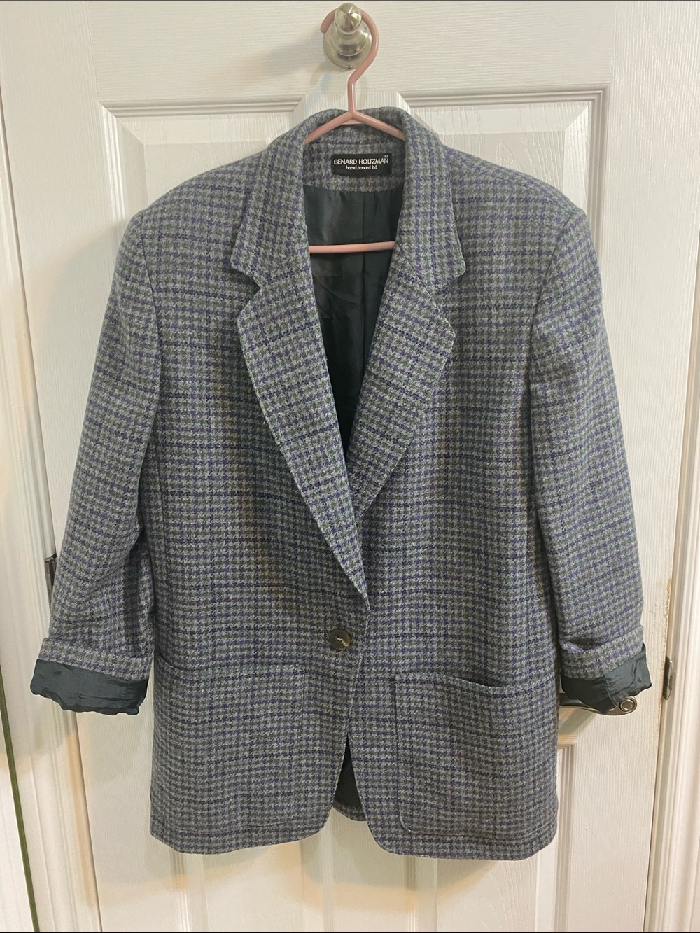 VTG Harve Bernard by Bernard Holtzman Women's Grey Purple Wool Blazer 16 Lined